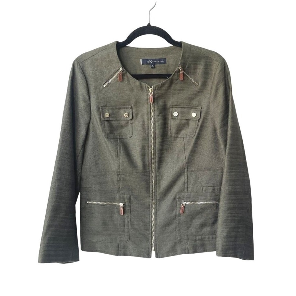 Anne Klein Cotton Linen Military Utility Jacket Size 10‎ Olive Full Zip Short